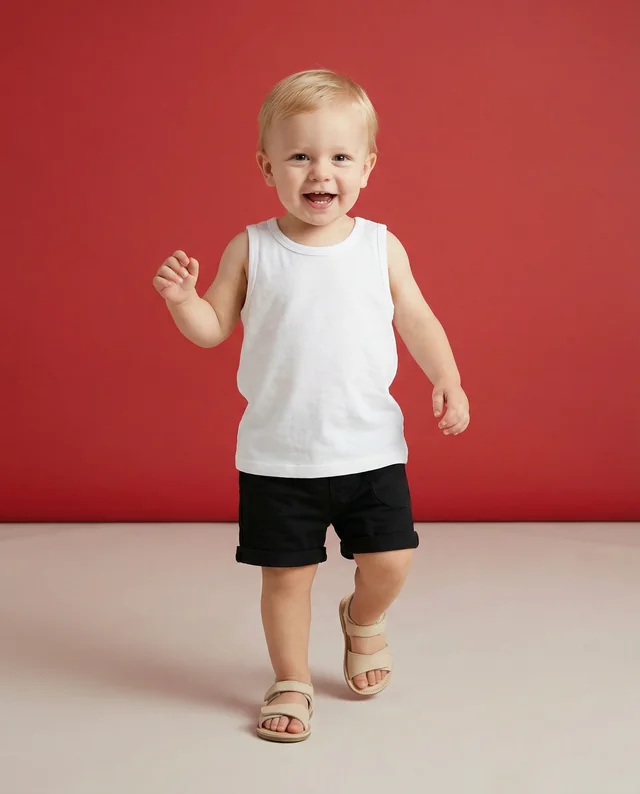 Joyful Toddler in White Tank Top Mockup Against Red Background