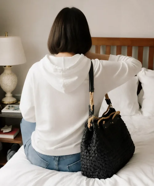Cozy Hoodie Mockup of Young Woman in Relaxed Bedroom