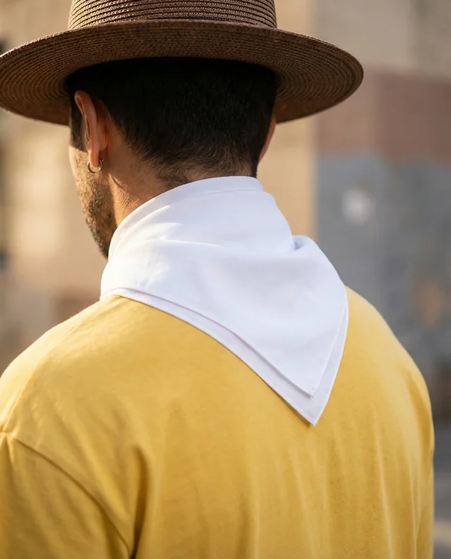 Casual Man Mockup with Bandana and Straw Hat in Urban Setting