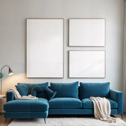 Cozy Mockup Poster with Deep Teal Sofa and Soft Colors