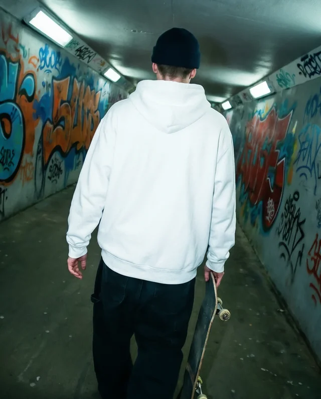 Urban Hoodie Mockup of Skateboarder in Dim Tunnel