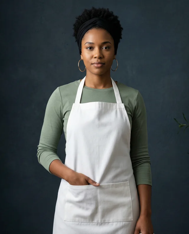 Confident Woman in White Apron Mockup in Modern Kitchen
