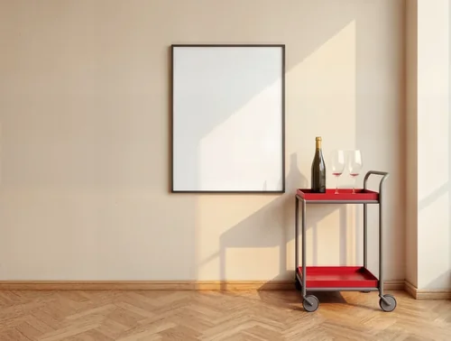 Mockup Poster with Bold Red Bar Cart and Warm Beige Background