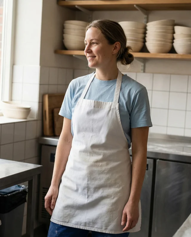 Smiling Woman in Modern Kitchen with Apron Mockup