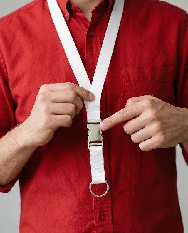 Person Fastening a Stylish Lanyard in Red Shirt Mockup