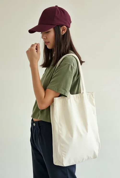Stylish Mockup of a Tote Bag in Casual Fashion Setting