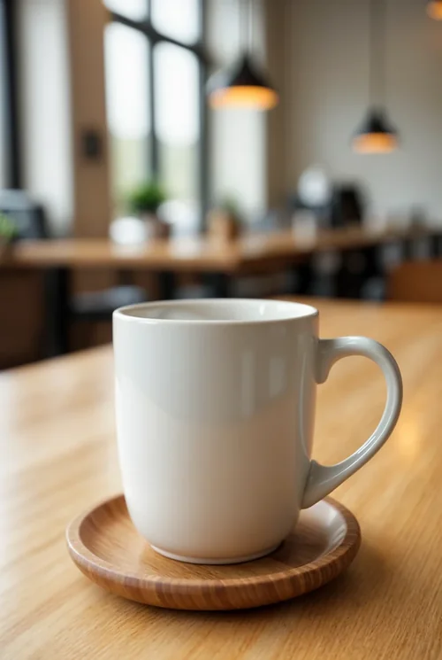 Minimalist Mug Mockup with Warm Wooden Background Colors