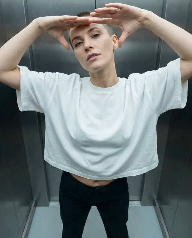 Confident Woman in Crop Top Mockup in Modern Elevator