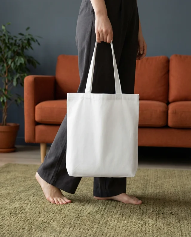 Cozy Living Room Mockup with Stylish Tote Bag