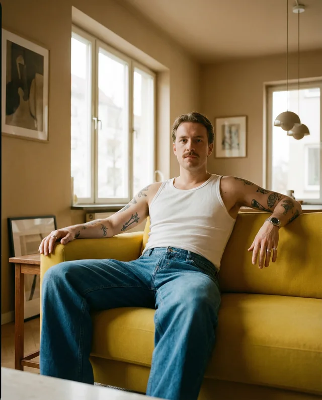 Casual Young Man in White Tank Top on Yellow Sofa Mockup