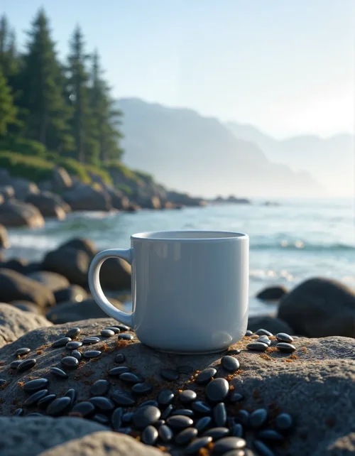 Tranquil Coastal Mockup Mug with Blue Sky and Green Trees