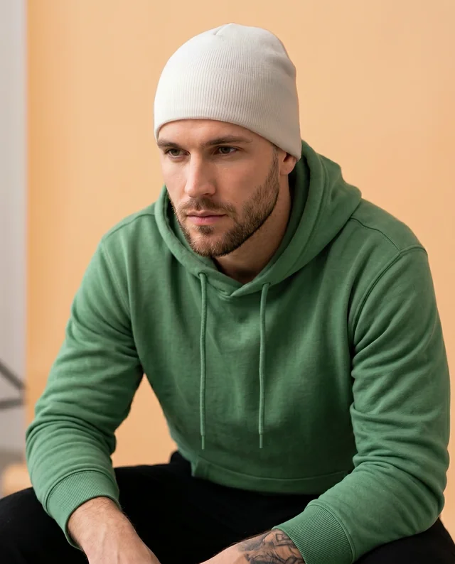 Contemplative Young Man in Beanie Mockup Image