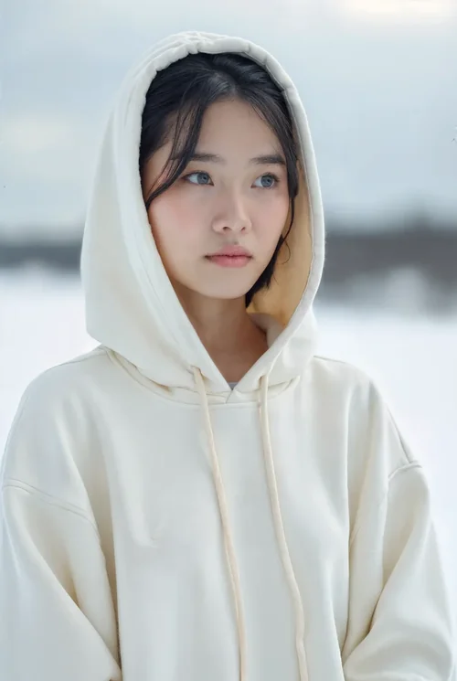Serene Hoodie Mockup in Soft Beige Against a Snowy Background