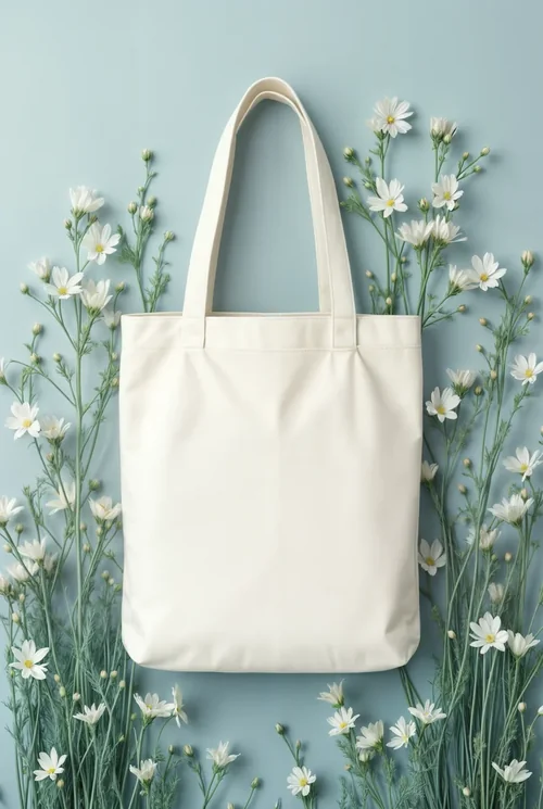 Mockup of a Serene White Tote Bag with Floral Details