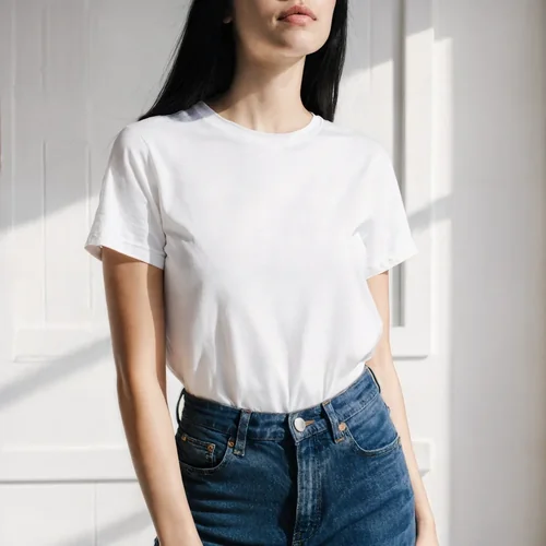 Mockup of Young Woman in T-Shirt and Denim Jeans