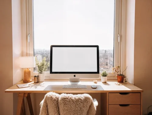 Cozy Workspace Mockup with iMac and Natural Light