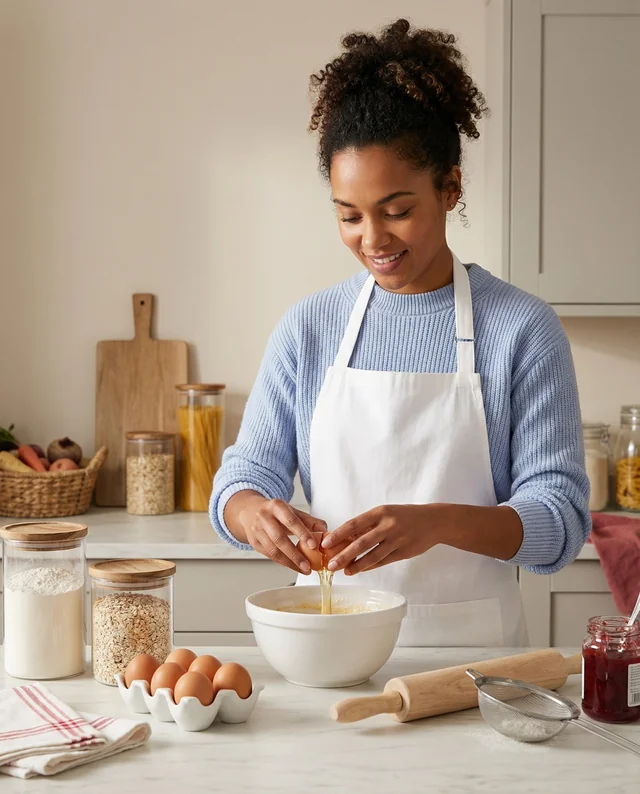 Cheerful Woman Cracking Eggs in Cozy Kitchen Mockup