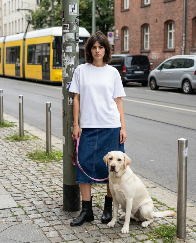 Urban T-Shirt Mockup with Young Woman and Dog