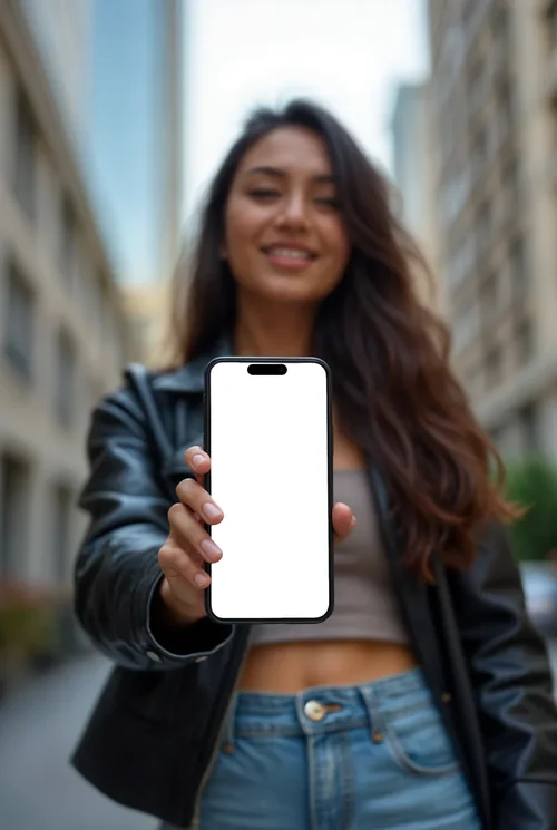 Mockup of Stylish Woman with iPhone 16 Pro Max