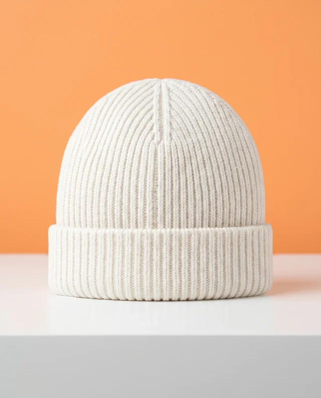 Cozy White Ribbed Knit Beanie Mockup on Minimalist Surface