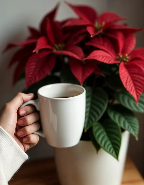 Charming Mug Mockup with Red Poinsettia Background Colors