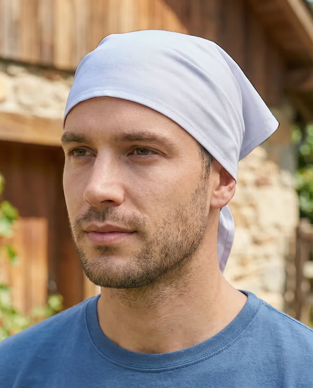 Thoughtful Young Man in Blue Shirt and White Bandana Mockup