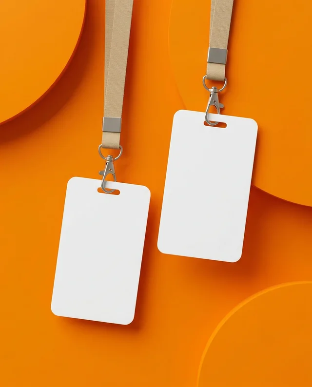 Modern ID Card Mockup with Beige Lanyards on Orange Background