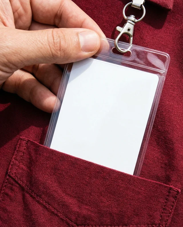 Close-Up Mockup of ID Card Held in Hand by Burgundy Shirt