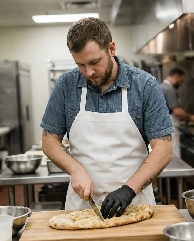 Focused Chef in Apron Slicing Flatbread Mockup