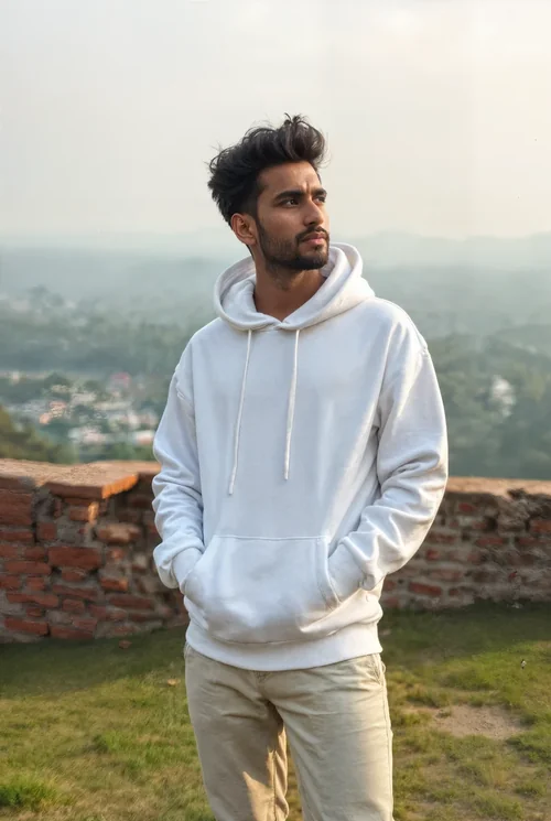 Mockup of a White Hoodie Against Scenic Hills and Soft Colors