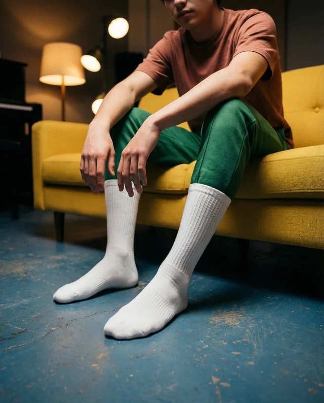 Casual Young Man in Knee-High Socks Mockup on Couch
