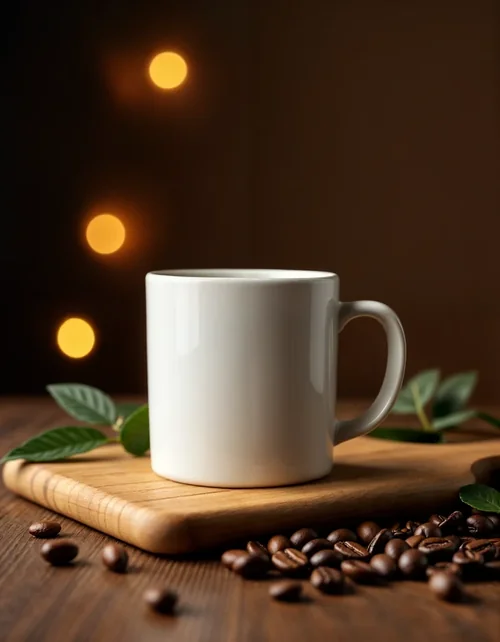 Warm Brown Mockup Mug with Cozy Background and Lights