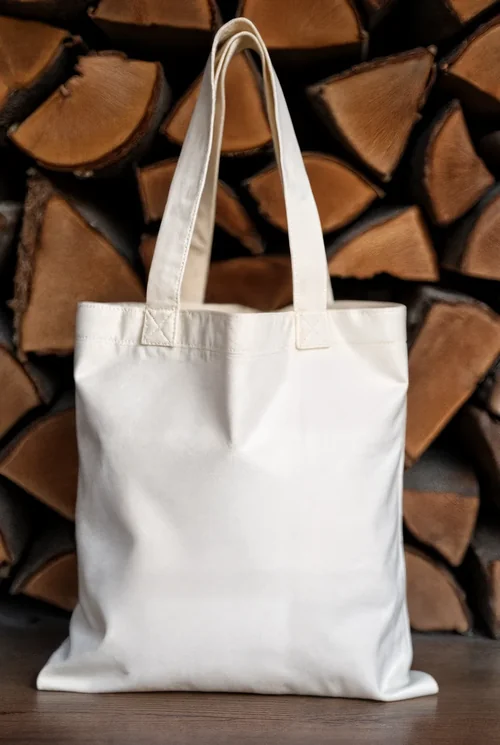 Elegant Mockup of a White Tote Bag Against Rustic Logs