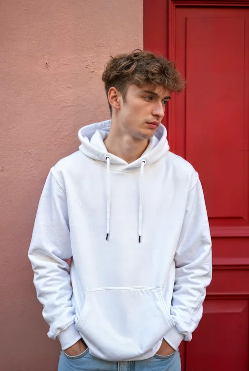 Stylish Hoodie Mockup with Soft Pink Background and Red Door