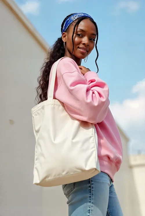 Stylish Mockup of a Tote Bag with Confident Woman