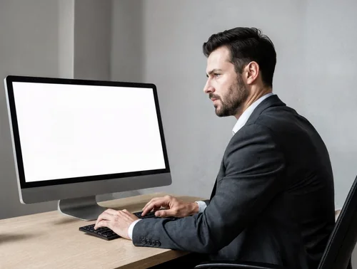 Professional Mockup of Young Man at iMac in Office