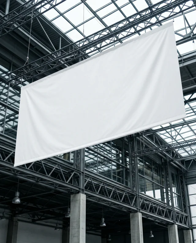 Large Empty White Banner Mockup in Modern Industrial Space