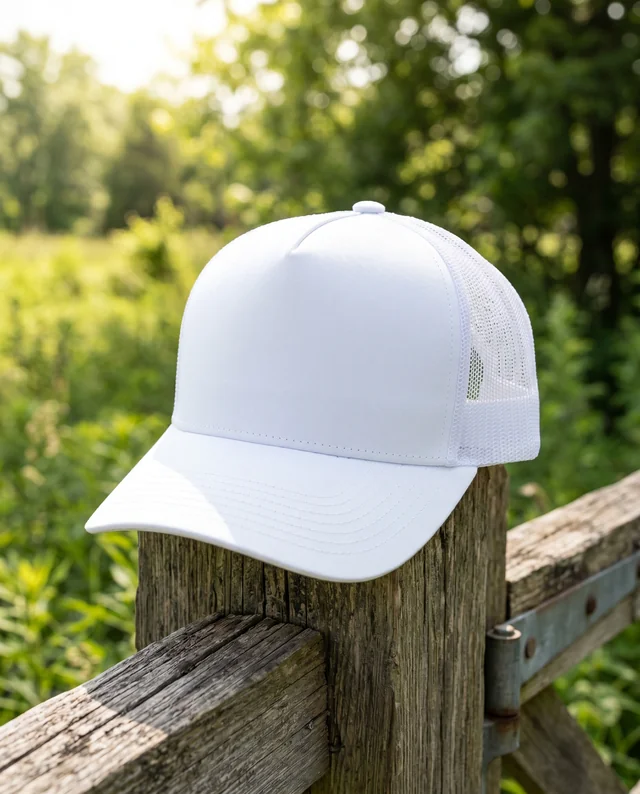 White Baseball Cap Mockup on Rustic Wooden Fence Post