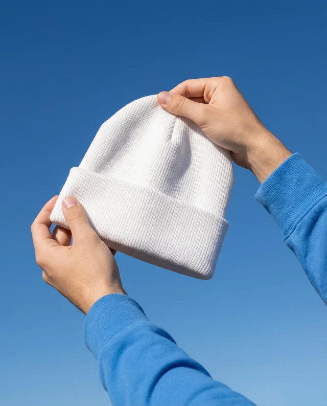 Elegant Mockup of a White Ribbed Beanie Against Blue Sky