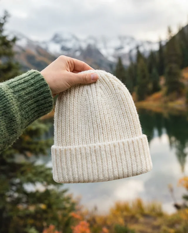 Cozy Knit Beanie Mockup in Autumn Landscape Setting