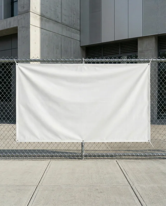 Blank White Banner Mockup on Urban Chain-Link Fence