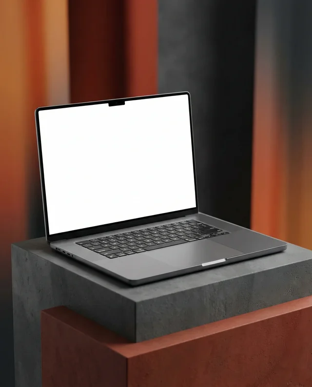 Minimalist MacBook Mockup on Stylish Geometric Pedestal