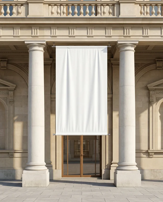 Elegant Architectural Facade with Banner Mockup Display