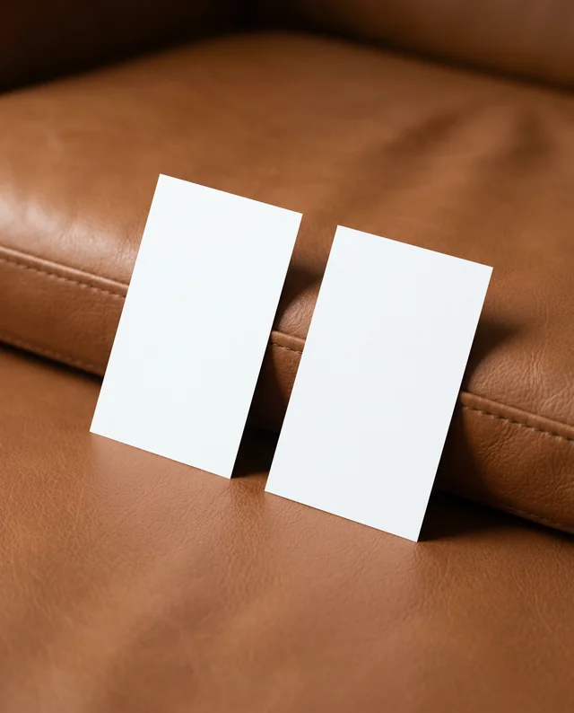 Elegant Business Card Mockup on Brown Leather Couch
