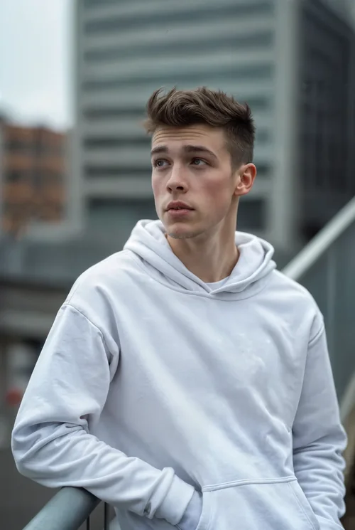 Urban Mockup of a Young Model in a Soft White Hoodie