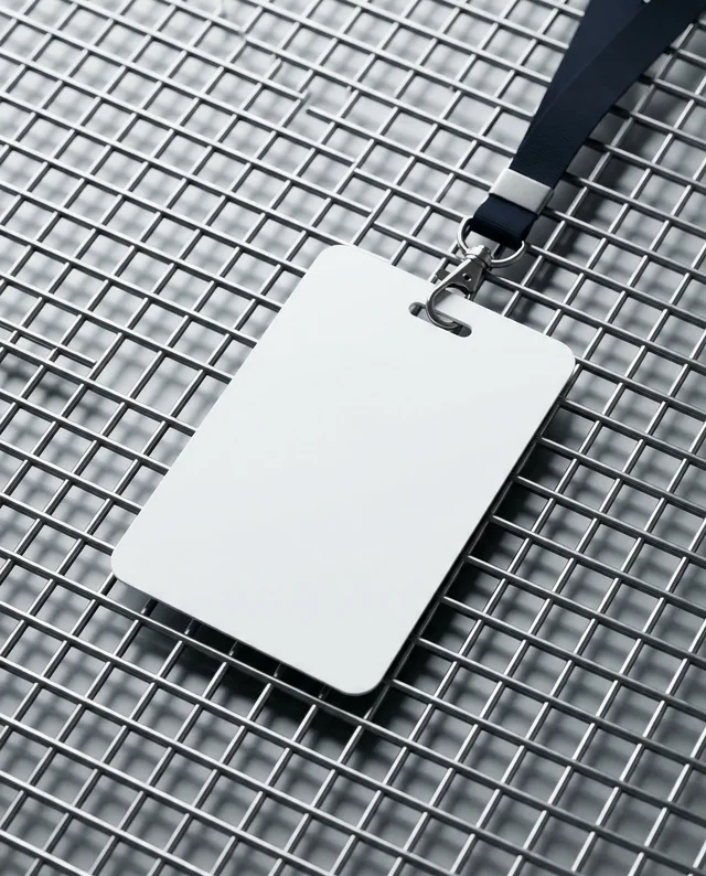 Blank ID Card Mockup with Navy Blue Lanyard on Grid