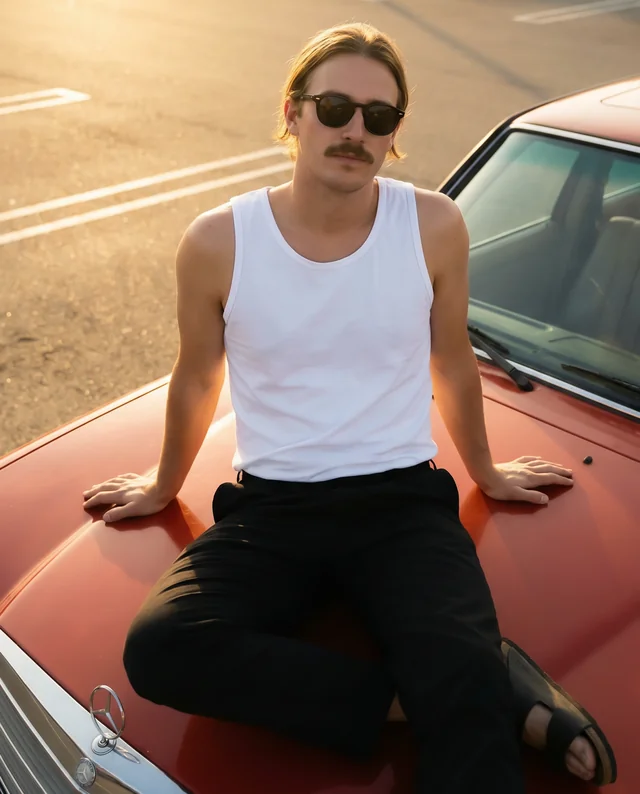 Vintage Car Mockup with Young Man in Casual Tank Top