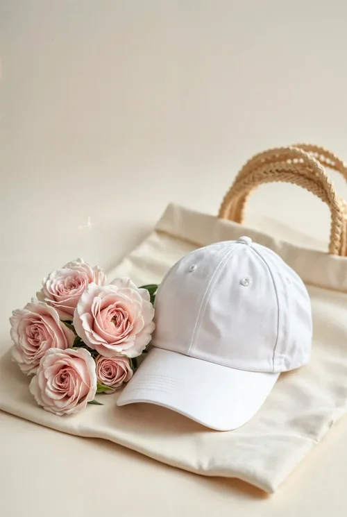 Minimalist Mockup of White Hat and Beige Tote Cap