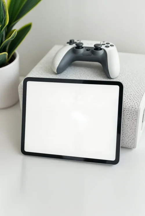 Modern iPad Mockup on Clean White Surface with Speaker