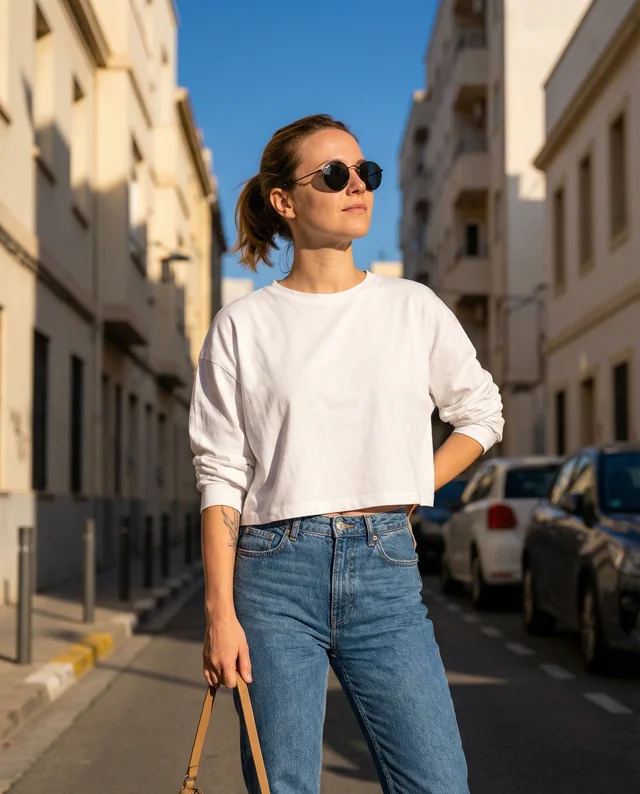 Chic Urban Crop Top Mockup of Confident Young Woman
